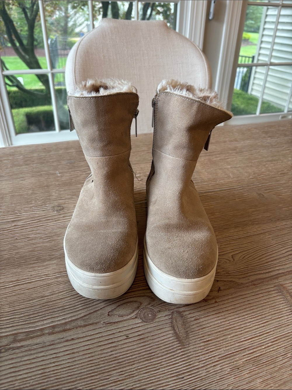 J Slides Tan Suede Platform Ankle Boots with Faux Fur Trim